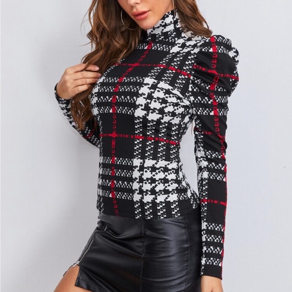 Elegant Plaid FITTED Print Long Puff Sleeve High Neck Top Blouse - Picture 4 of 6